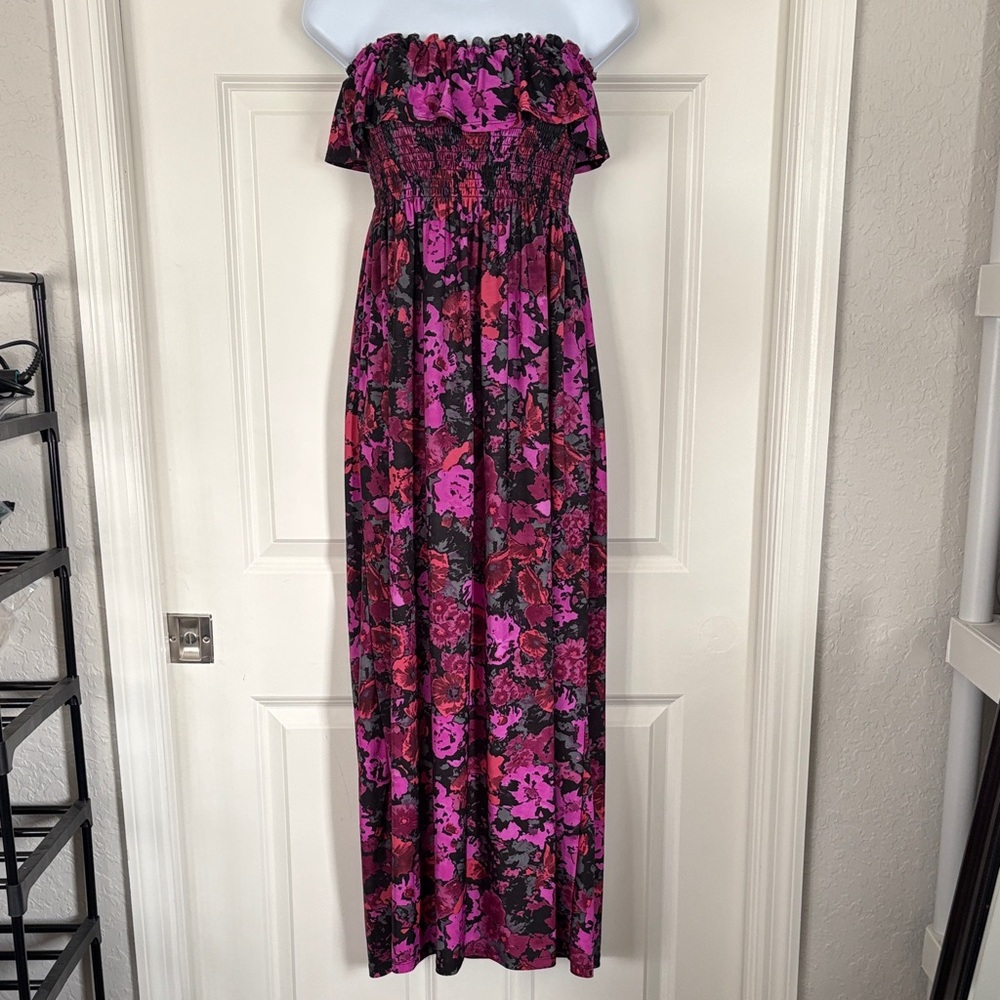 Wet Seal Tube Top Long Maxi Dress, Floral, Purple, Pink, Black, Size Medium